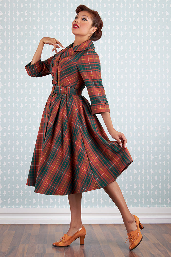 Edrice-Fire Rust Plaid Coat Dress by Miss Candyfloss 2X-Large Edrice-Fire Rust Plaid Coat Dress by Miss Candyfloss 2X-Large