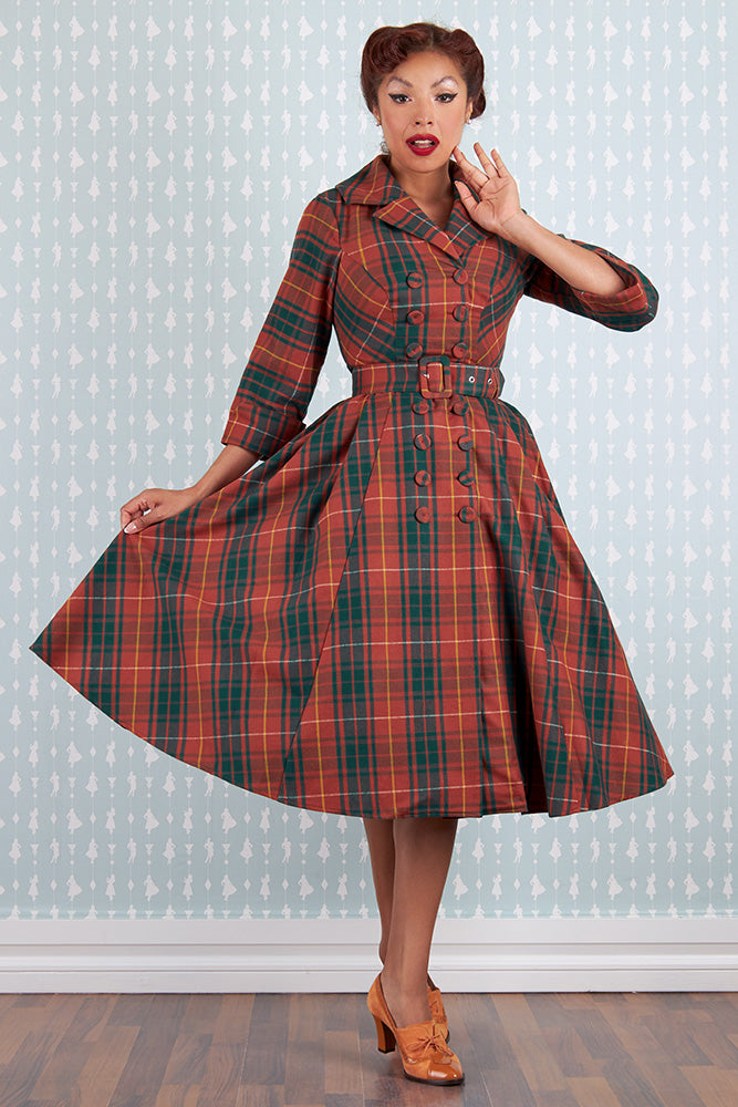 Edrice-Fire Rust Plaid Coat Dress by Miss Candyfloss