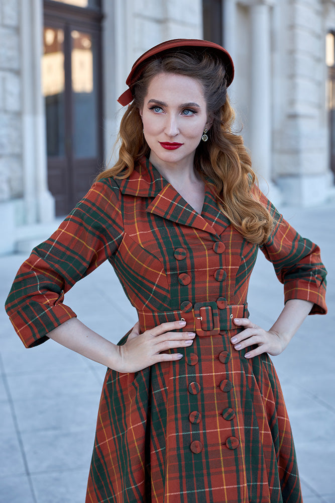 Edrice-Fire Rust Plaid Coat Dress by Miss Candyfloss 2X-Large Edrice-Fire Rust Plaid Coat Dress by Miss Candyfloss 2X-Large