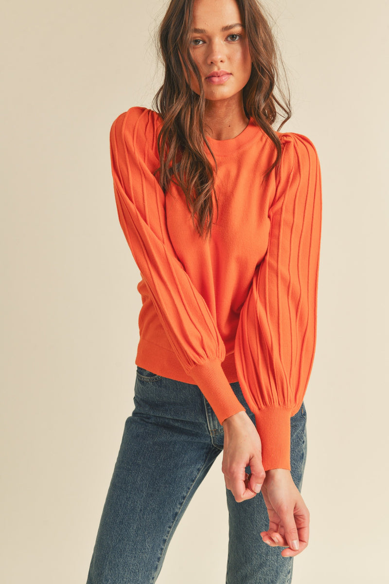 Tangerine Striped Blouson Sleeve Pullover Sweater