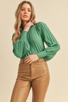 Rosemary Green Striped Blouson Sleeve Pullover Sweater