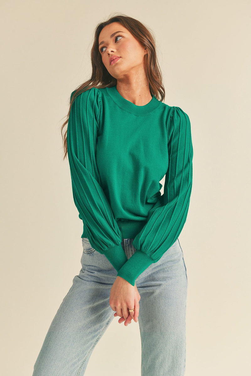 Alpine Green Striped Blouson Sleeve Pullover Sweater