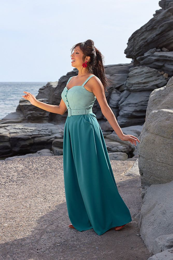 Antonia-Cat Teal Jumpsuit by Miss Candyfloss