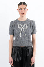 Sequin Bow Grey Short Sleeve Sweater by Molly Bracken
