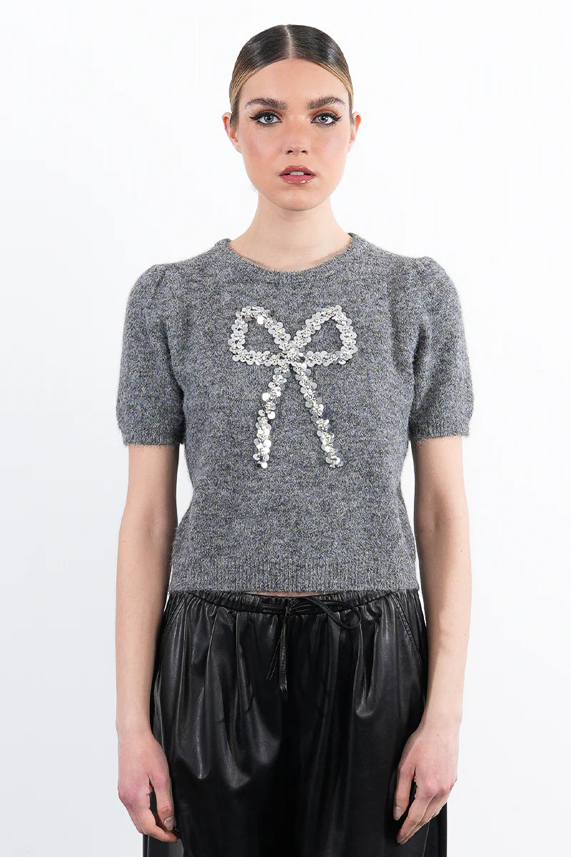 Sequin Bow Grey Short Sleeve Sweater by Molly Bracken