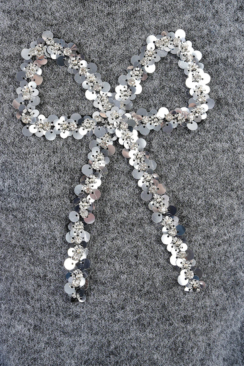 Sequin Bow Grey Short Sleeve Sweater by Molly Bracken