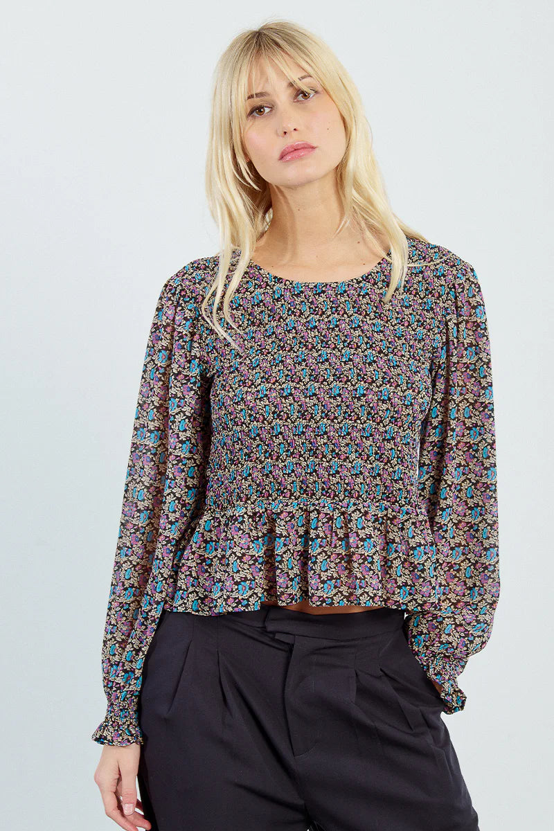 Floral Smocked Peplum Blouse by Molly Bracken