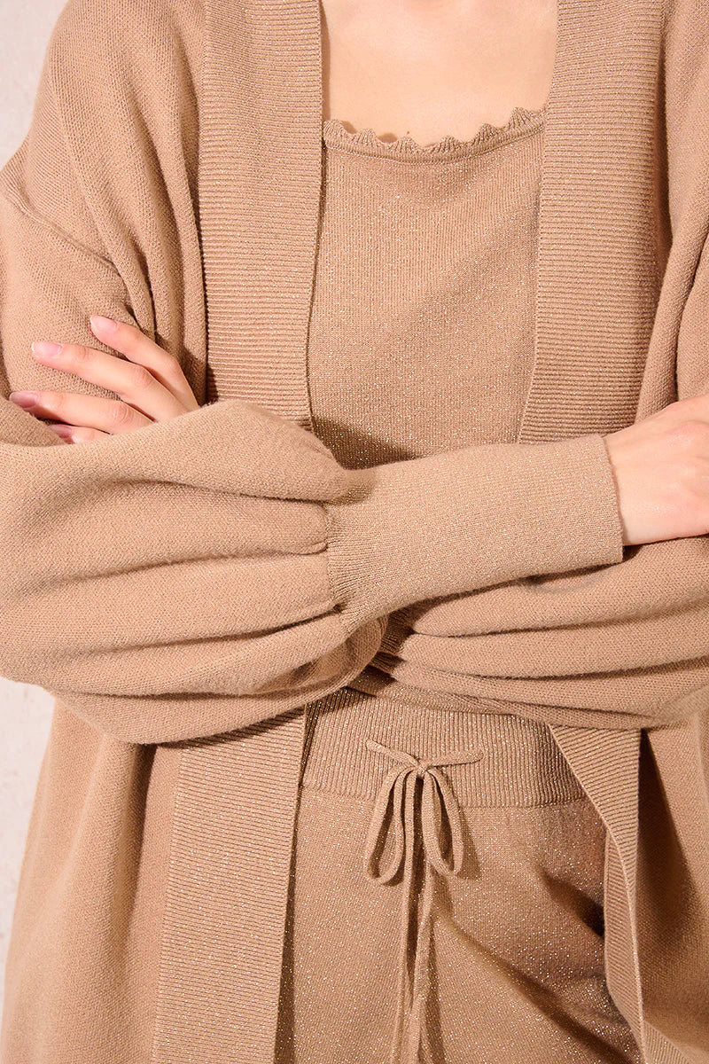 Golden Beige Open Long Cardigan by Molly Bracken