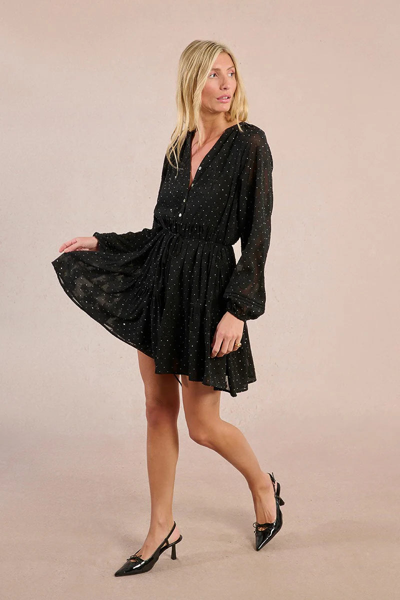 Black Brocade and Dot Mini Dress by Molly Bracken