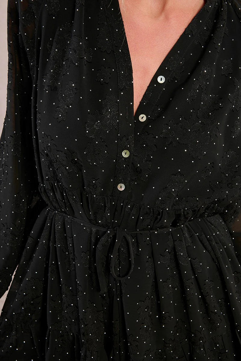 Black Brocade and Dot Mini Dress by Molly Bracken