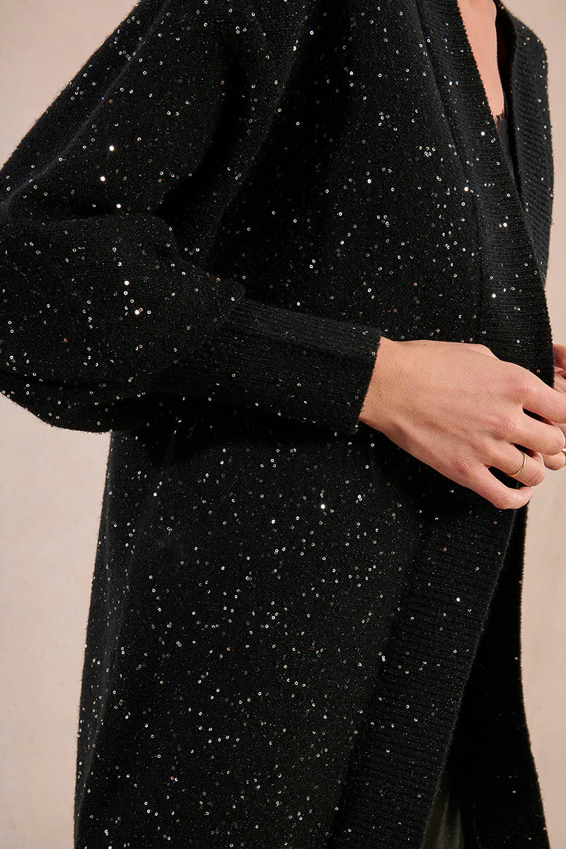 Black Sequin Open Long Cardigan by Molly Bracken