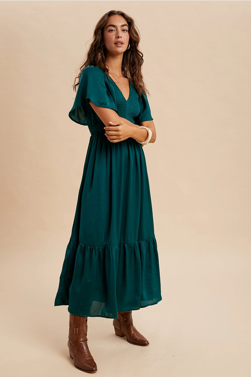 Emerald Smocked Satin Midi Dress
