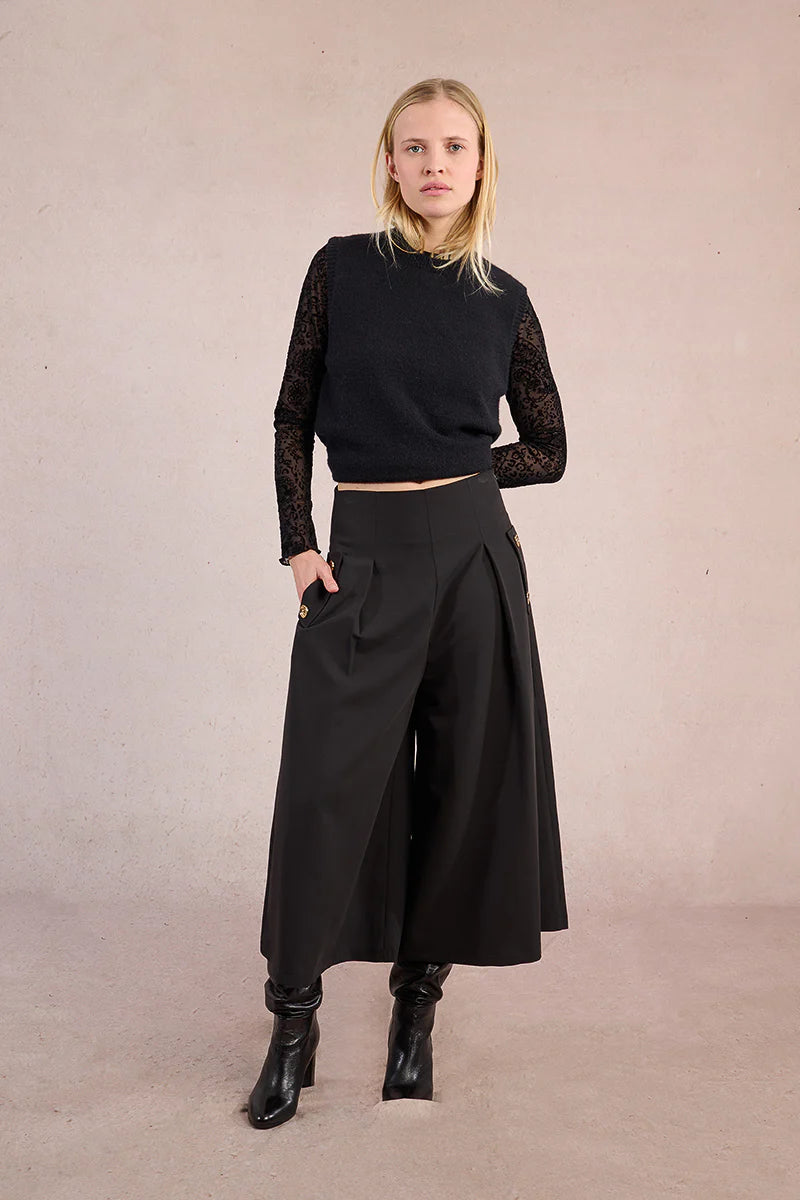 Pleated Wide Leg Black Culotte Pants by Molly Bracken