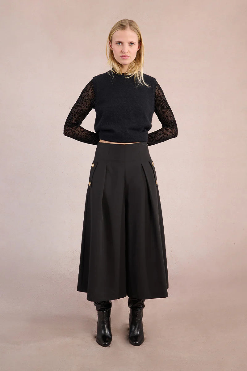 Pleated Wide Leg Black Culotte Pants by Molly Bracken