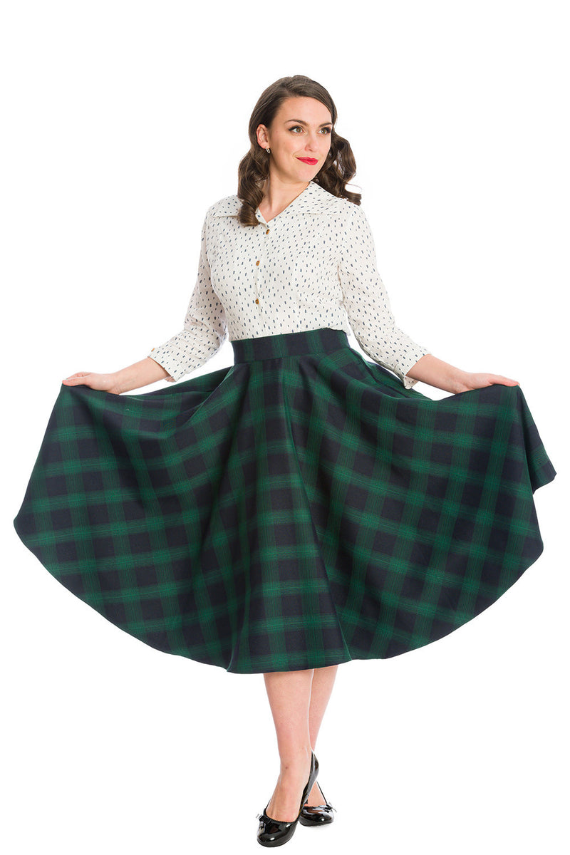Navy and Green Plaid Circle Skirt by Banned