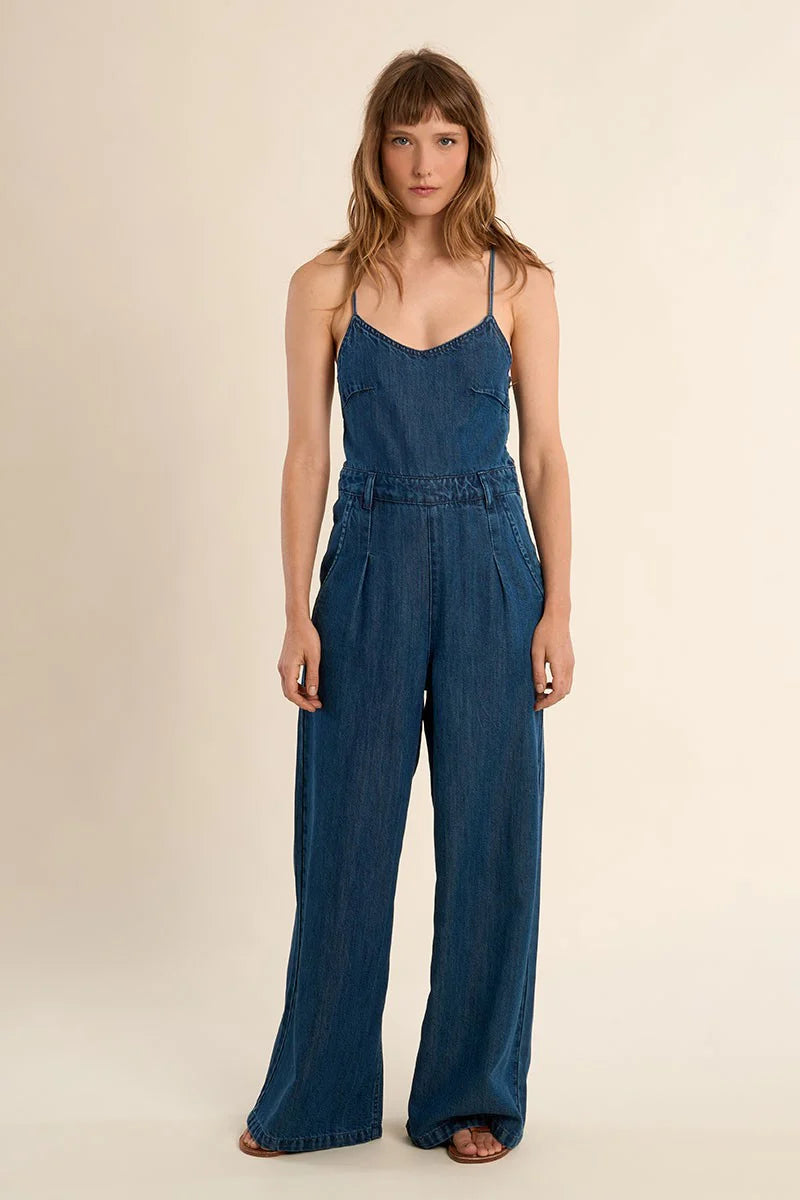 Dark Denim Lace-Up Back Jumpsuit by Molly Bracken – Modern Millie