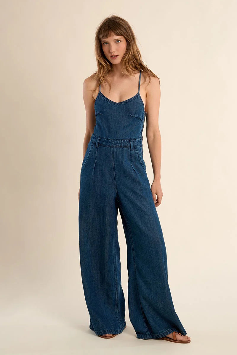 Dark Denim Lace-Up Back Jumpsuit by Molly Bracken – Modern Millie