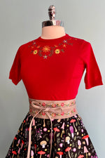 Red Embroidered Daisy Short Sleeve Sweater