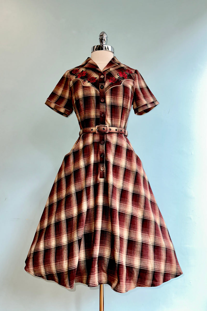 Western Brown Plaid Shirt Dress by Voodoo Vixen