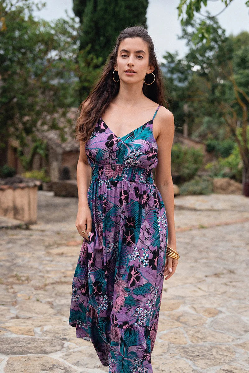 strapless open back dress Boho Maxi Dress, Sundress, Wild Floral in Purple Lavender Pink / M