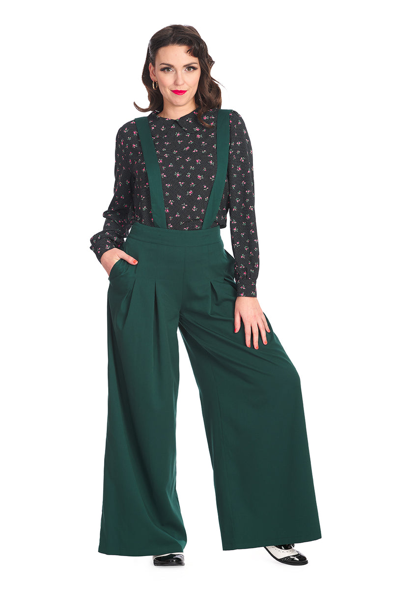 Emerald Green Wide Leg Suspender Pants by Banned
