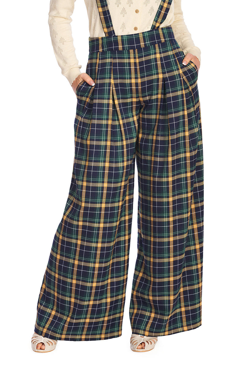 Navy Plaid Wide Leg Suspender Pants by Banned – Modern Millie