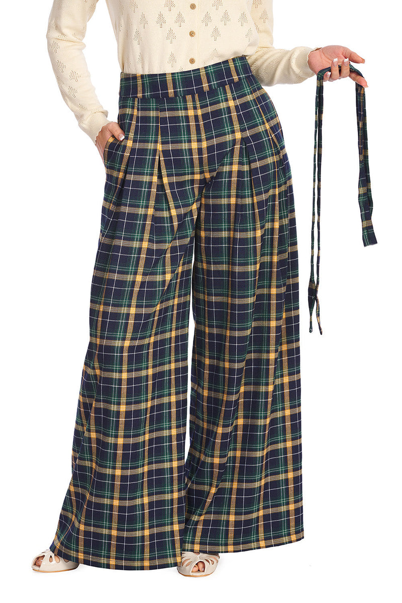 Navy Plaid Wide Leg Suspender Pants by Banned – Modern Millie