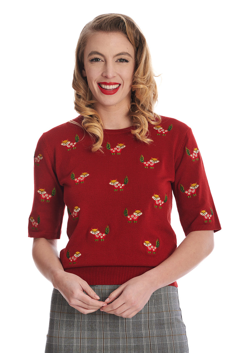 Rust Red Embroidered Fox Short Sleeve Sweater by Banned