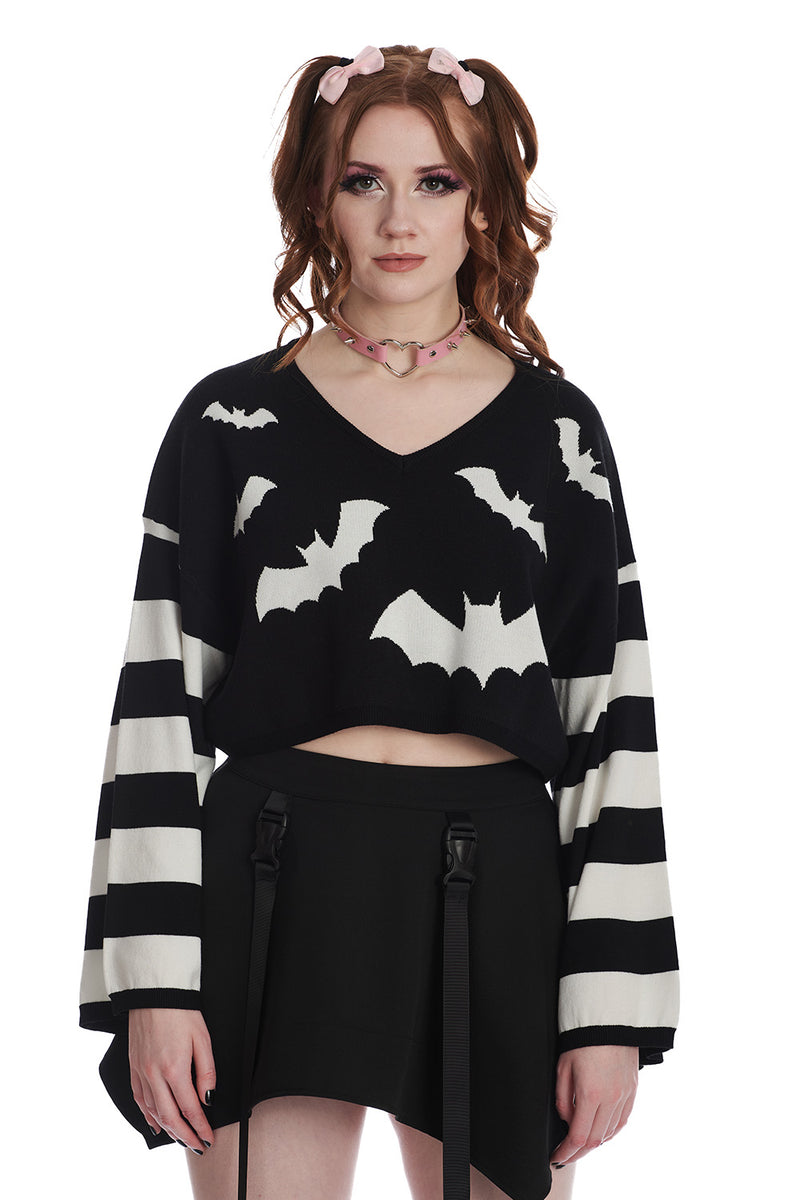 Cropped Striped Sleeve Bat Annabelle Sweater by Banned