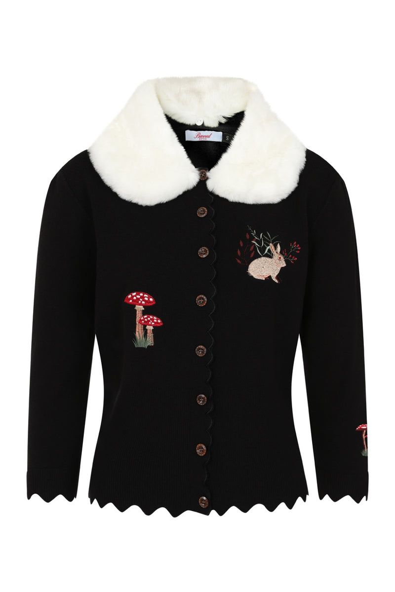Woodland Faux Fur Collar Cardigan in Black by Banned