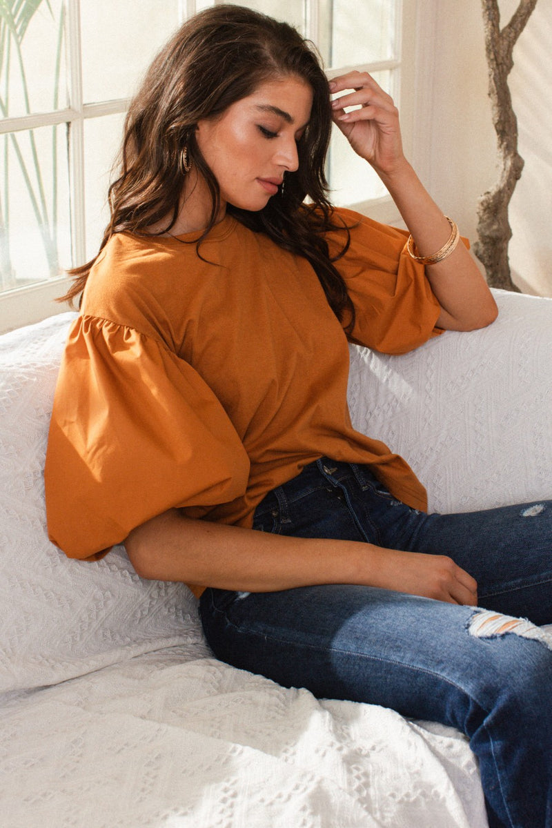 Caramel Jersey Puff Sleeve Top