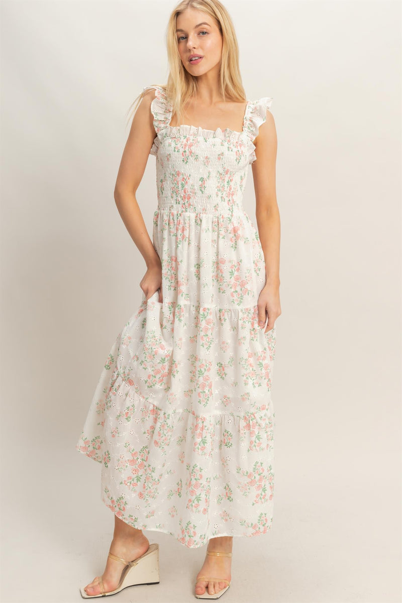 pink and white floral midi dress Pink Floral Eyelet Smocked Midi Dress Medium