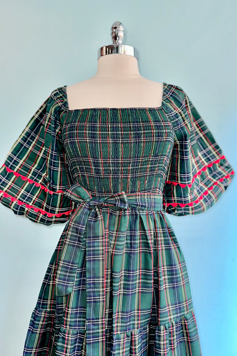 plaid green dress Smocked Midi – Modern Millie Talenna Ciao Lucia Ingrid White Size:UK8 Long bubble sleeves