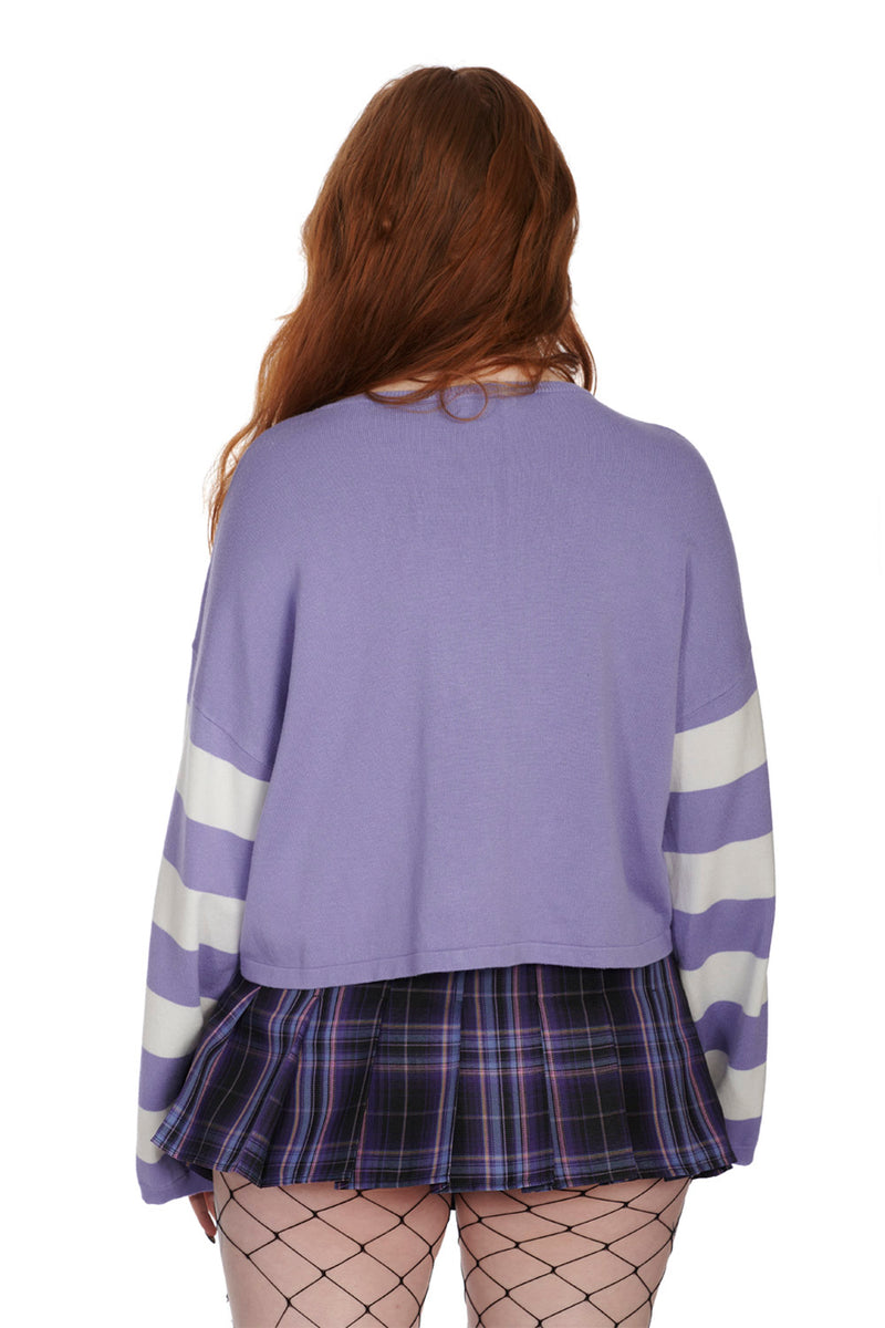 Bat Purple Cropped Striped Sleeve Kamiko Sweater by Banned