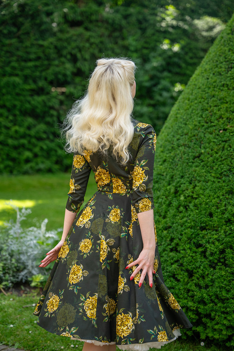 Black and Gold Floral Inez Dress by Hearts & Roses London