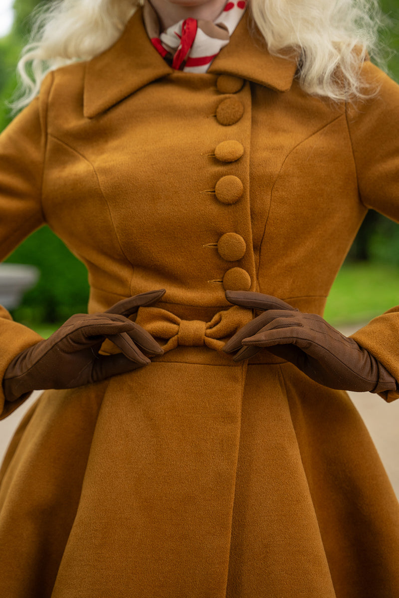 Caroline Swing Coat in Ochre Brown by Hearts & Roses London