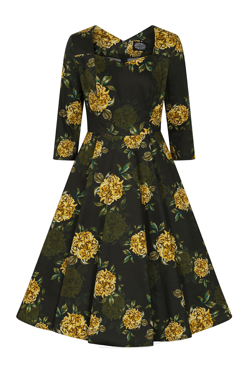 Black and Gold Floral Inez Dress by Hearts & Roses London