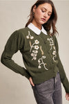 Puff Sleeve Embroidered Floral Cardigan in Dark Olive