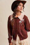 Collared and Embroidered Cardigan in Brown