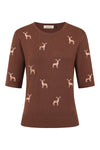 Brown Embroidered Deer Short Sleeve Sweater by Banned