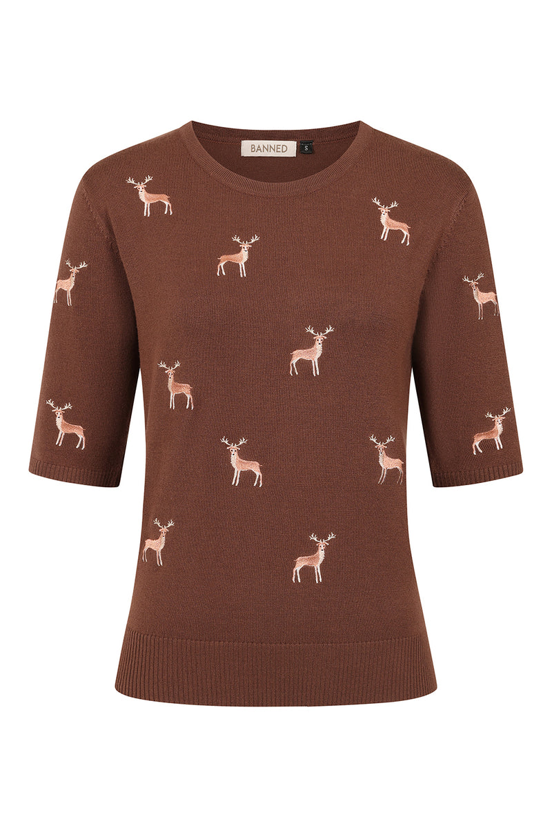 Brown Embroidered Deer Short Sleeve Sweater by Banned