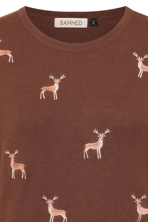 Brown Embroidered Deer Short Sleeve Sweater by Banned