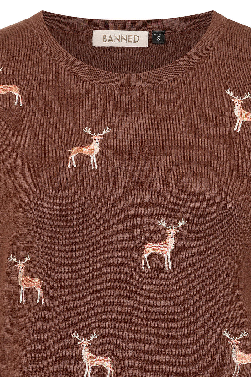 Brown Embroidered Deer Short Sleeve Sweater by Banned