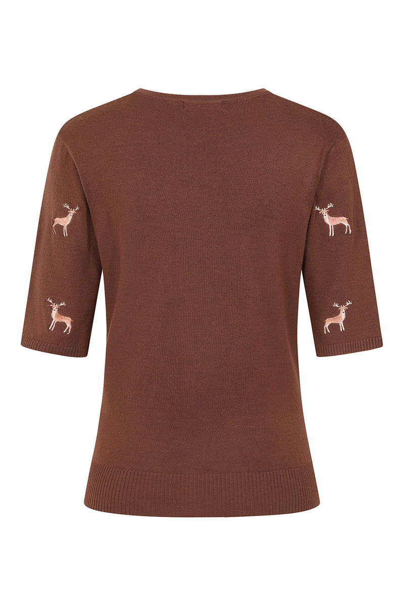 Brown Embroidered Deer Short Sleeve Sweater by Banned