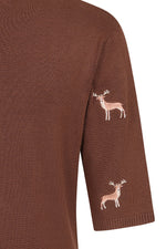 Brown Embroidered Deer Short Sleeve Sweater by Banned