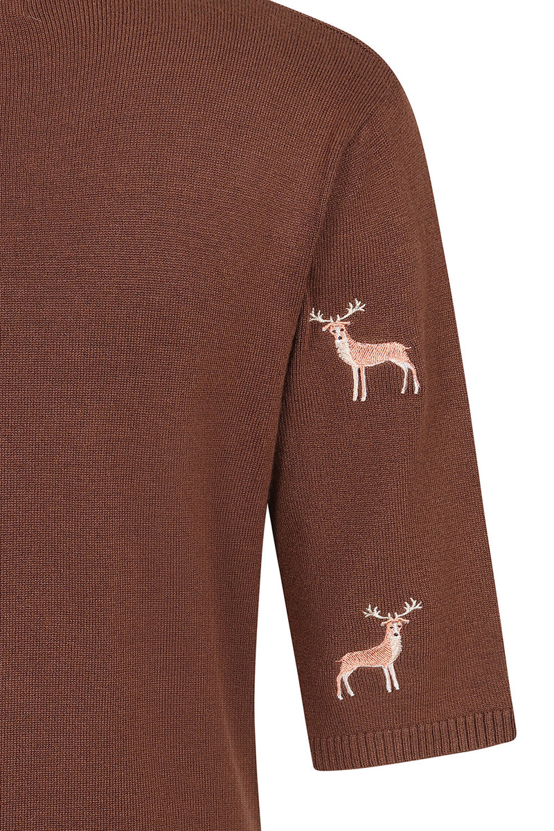 Brown Embroidered Deer Short Sleeve Sweater by Banned