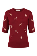 Burgundy Embroidered Deer Short Sleeve Sweater by Banned