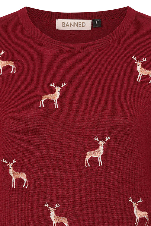 Burgundy Embroidered Deer Short Sleeve Sweater by Banned