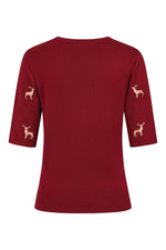 Burgundy Embroidered Deer Short Sleeve Sweater by Banned