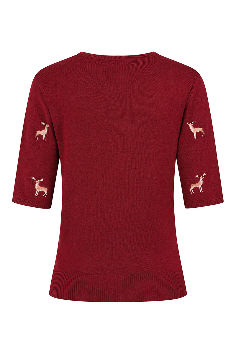 Burgundy Embroidered Deer Short Sleeve Sweater by Banned